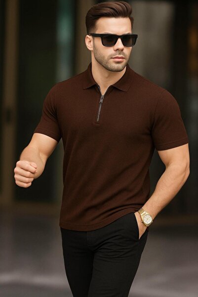 ribana Tricou tricot cu fermoar cu gât polo pentru bărbați