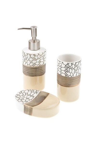 BREZIUM Bathroom accessories set, ceramic, 3 pieces, soap dispenser, soap dish, toothbrush holder