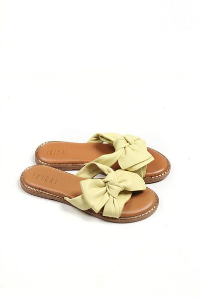 Deriderim Green Genuine Leather Sole Brown Soft Genuine Leather Women's Summer Slippers