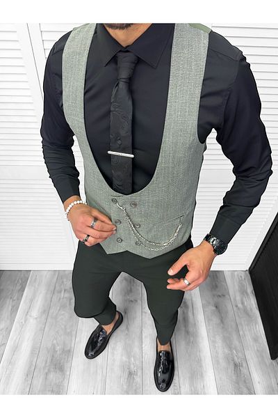 dehaine Men's suit, pants plus vest, green, B1469