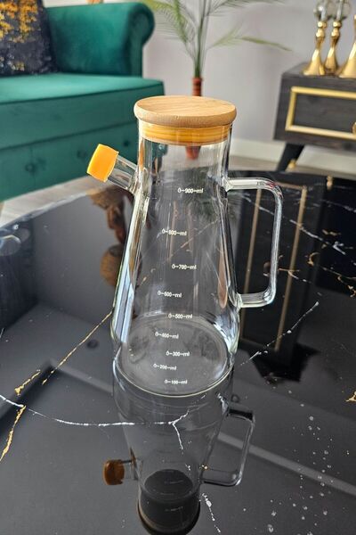 EVİMDM 900 ml 3-Piece Borosilicate Oil Pot Set with Bamboo Lid and Handle | Masterchef Oil Pot Set