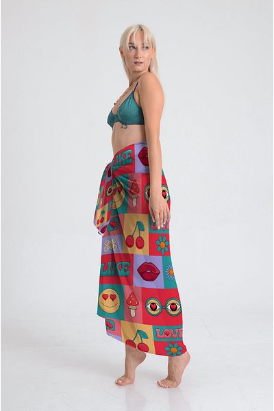 DESENİX Retro Pop Art Print Pareo - 100X145 cm - Silky Chiffon & Luxury Satin Fabric Option - Beach Dress
