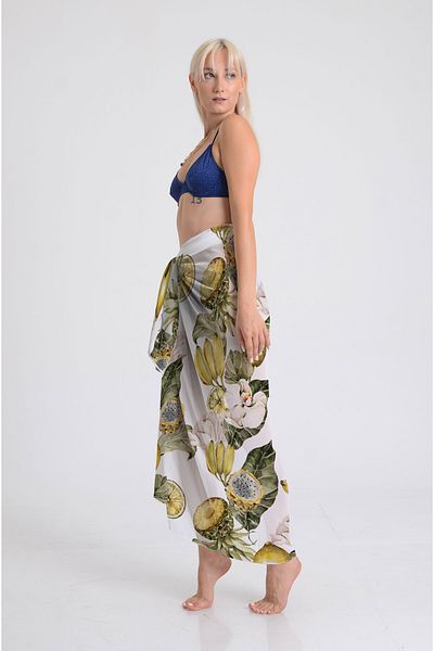 DESENİX Tropical Fruits Patterned Pareo - 100X145 cm - Silky Chiffon & Luxury Satin Fabric Option - Beach