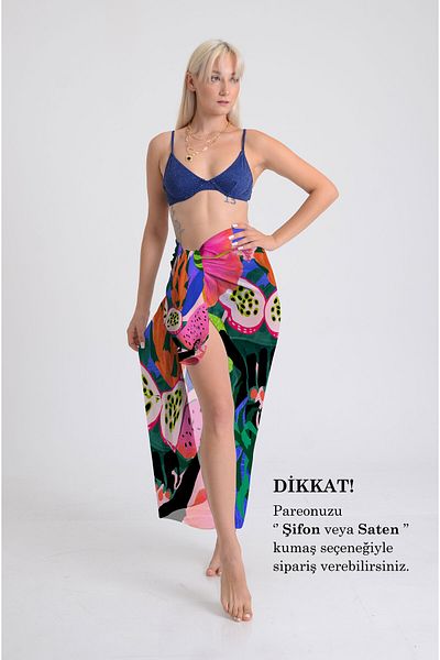 DESENİX Exotic Paradise Print Pareo - 100X145 cm - Silky Chiffon & Luxury Satin Fabric Option - Beach Dress