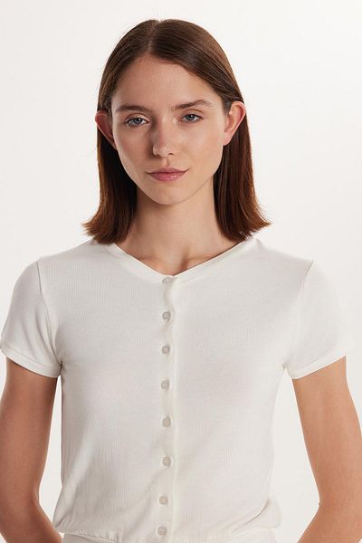 Tudors Women's Slim Fit Slim Fit Short Sleeve Crew Neck Buttoned Ecru Cardigan