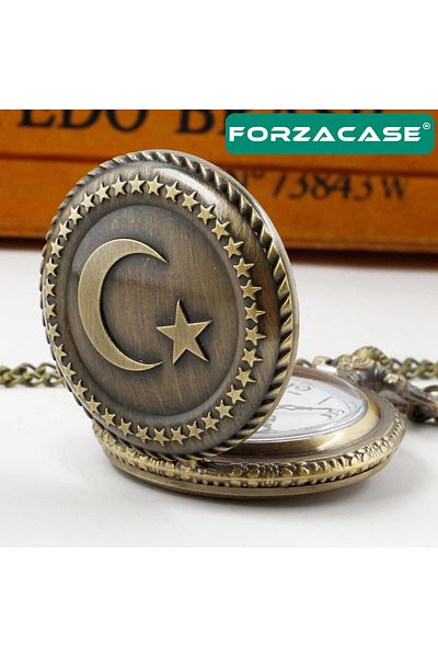 Forzacase Retro Vintage Special Moon Star Embroidered Turkish Flag Chain Pocket Watch - Fc1048