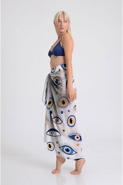 DESENİX Evil Eye Bead Patterned Pareo - 100X145 cm - Silky Chiffon & Luxury Satin Fabric Option - Beach Dress