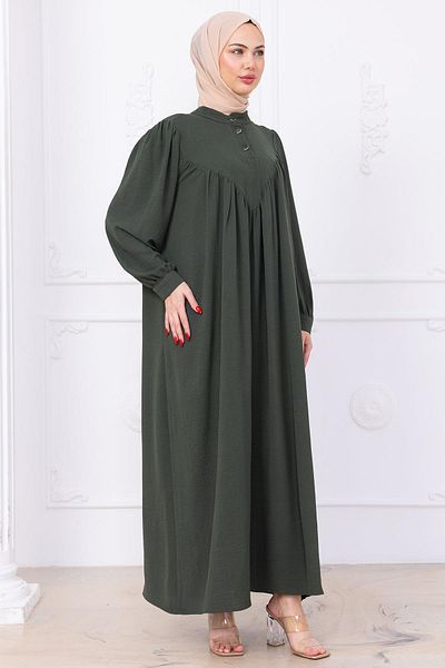 hafsamina Buttoned Front Eva Hijab Dress Khaki Hm2757