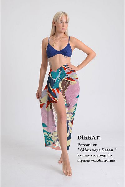 DESENİX Tropical Leaves Patterned Pareo - 100X145 cm - Silky Chiffon & Luxury Satin Fabric Option - Beach