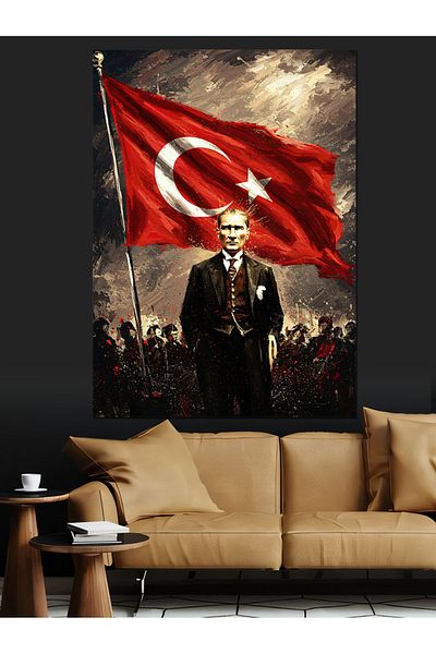 Tablomega Mustafa Kemal Atatürk and Flag Decorative Canvas - Mdf Wooden Painting