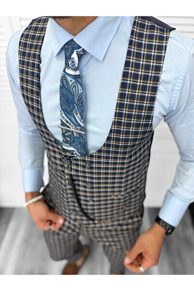 dehaine Men's suit, pants plus vest, navy blue, B4177