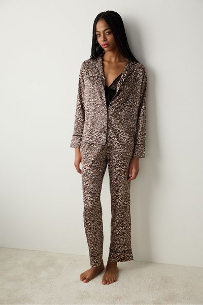 Penti Σετ πιτζάμες Leopard Satin Ανοιχτό Μπεζ Πουκάμισο Παντελόνι