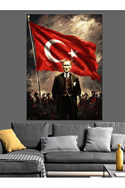 Tablo Mega Mustafa Kemal Atatürk Ve Bayrak Dekoratif Kanvas - Mdf Ahşap Tablo
