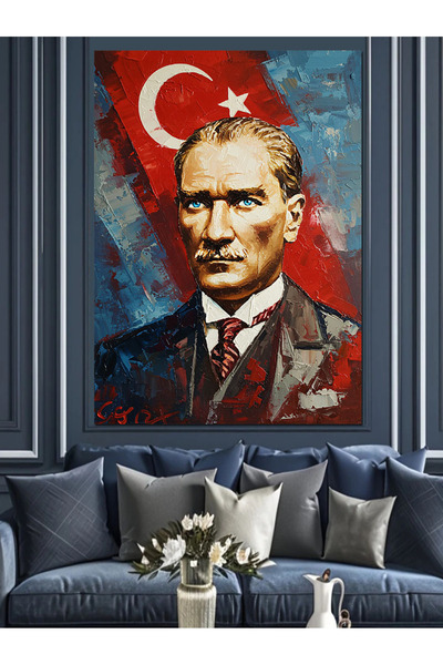 KanvasSepeti Mustafa Kemal Atatürk și Steagul pictat în ulei, cu textură, de ...
