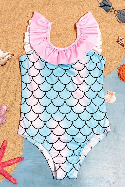 Beniizle Costum de baie pentru fete cu model de pește și detaliu cu volane