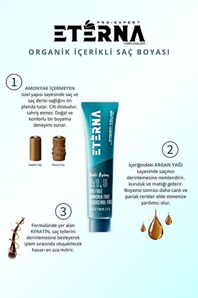 ETERNA Amonyaksız Organik İçerikli Saç Boyası 60 ml 5/00 Yoğun Açık Kestane ve 90 ml Eterna Oksidan