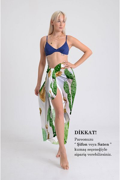 DESENİX Tropical Cactus Print Pareo - 100X145 cm - Silky Chiffon & Luxury Satin Fabric Option- Beach Dress