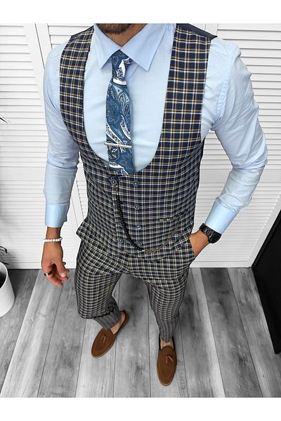 dehaine Men's suit, pants plus vest, navy blue, B4177