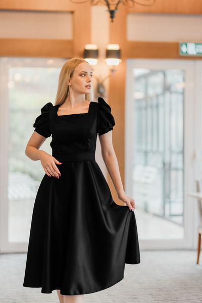 ASLIHANGÜNER Kadın Siyah Kare Yaka Puff Kol Midi Amara Elbise