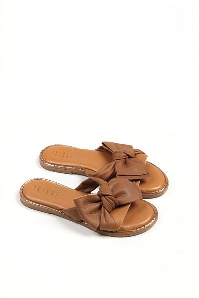 Deriderim Tan Genuine Leather Sole Brown Soft Genuine Leather Women's Summer Slippers