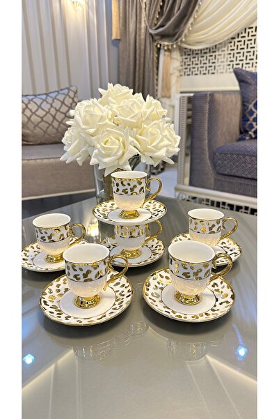 Vakıf home 6 Kişilik Porselen Ayaklı Leopar Desen Gold Kahve Fincan Takımı Seti