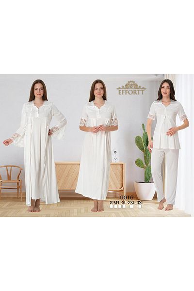 EM&FA TEKSTİL Lace Detailed Maternity Maternity 3-Piece Dressing Gown Nightgown Pajama Set