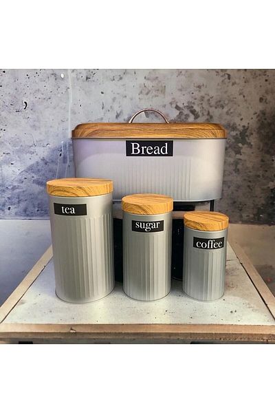 sizinsepetiniz Bamboo Lid Look Metal Bread Bowl and 3-Piece Jar Set