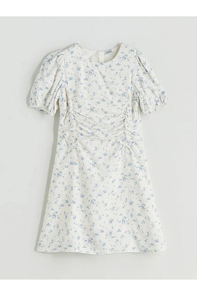 LC Waikiki LCW Kids Ecru Crew Neck Rochie Floral pentru Fata