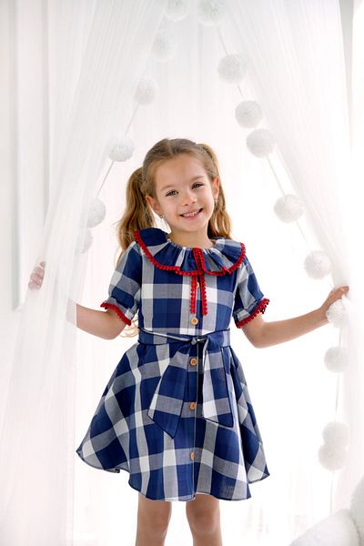 KALİNKA KİDS WEAR Girl's Checked Ruffle Dress with Belt and Button Detail