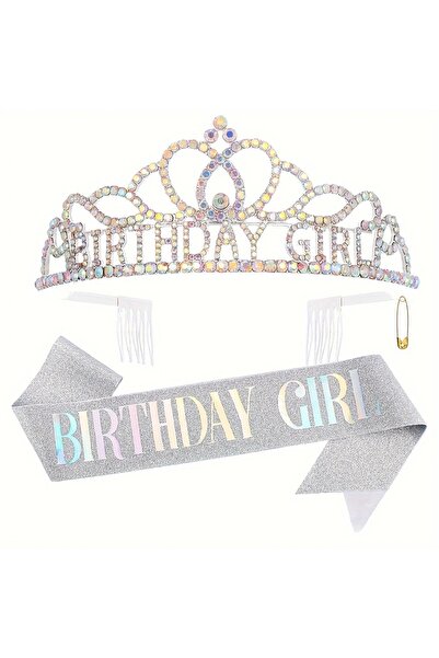 GlassySKY Рожден ден на момичето Сребърна корона с надпис и прекрасна панделк...