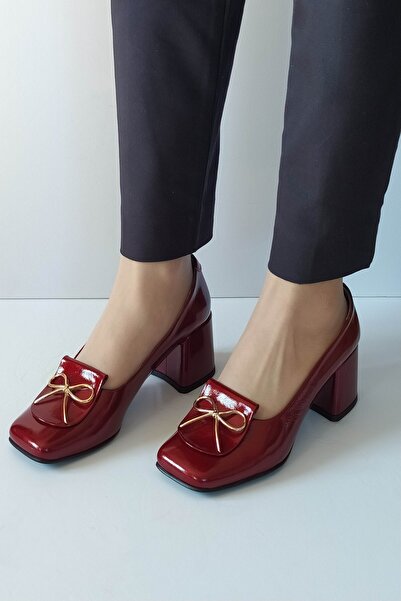 ERS Air Comfort Kadın Bordo Rugan Hakiki Deri Klasik Topuklu Ayakkabı Küt Burun Fiyonk Toka Detaylı