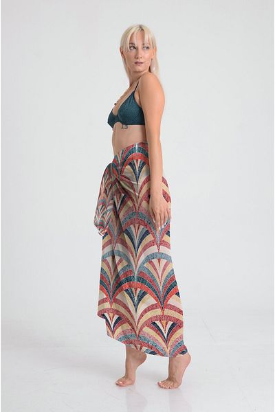 DESENİX Geometric Fan Pattern Pareo - 100X145 cm - Silky Chiffon & Luxury Satin Fabric Option- Beach Dress