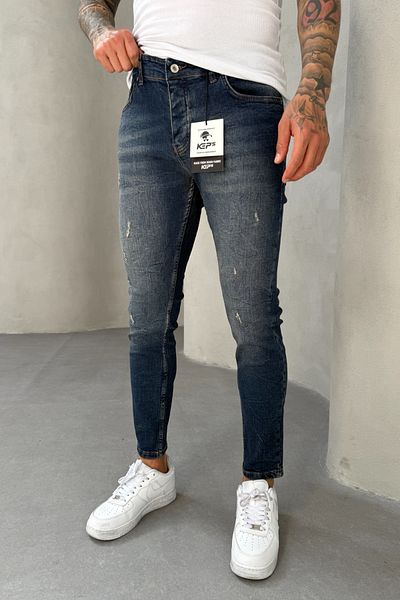 MADZEYMODA Slim Fit Slim Fit Lycra Denim Ύφασμα Σκισμένο Λεπτομερές Ανδρικό Μπλε Τζιν Παντελόνι KE-585