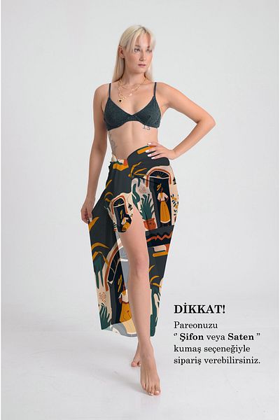 DESENİX Hot Summer Night Pattern Pareo - 100X145 cm - Silky Chiffon & Luxury Satin Fabric Option - Beach Dress