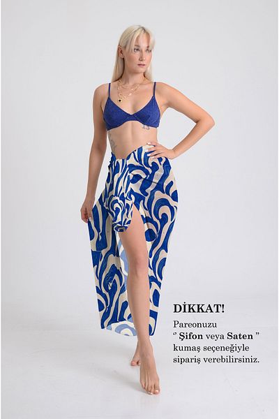 DESENİX Blue Wave Pattern Pareo - 100X145 cm - Silky Chiffon & Luxury Satin Fabric Option - Beach Dress
