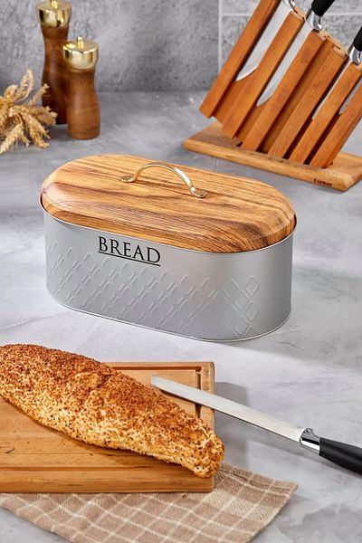 sizinsepetiniz Bamboo Lid Look Metal Bread Bowl and 3-Piece Jar Set