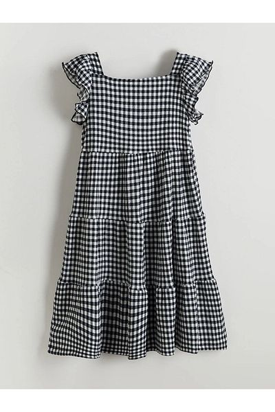 LC Waikiki Lcw Kids Navy Blue Square Collar Plaid Girl's Dress