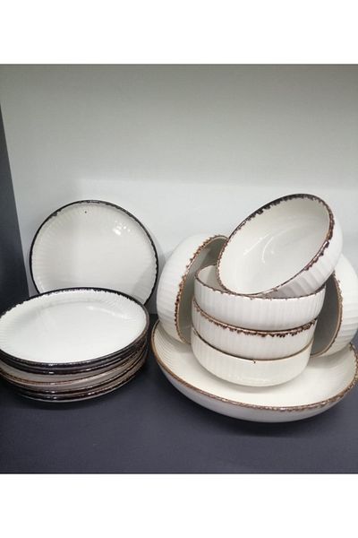 MORMAVİ Moravian Porcelain Narcisses 13 Piece Presentation Plate Set (6 Pieces of Cake, 6 Pieces of Bowl, 1 Piece of Salad) with Light Defects