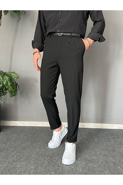 THEMANN Belted Douple Leg Pleated Black Italian Trousers