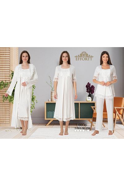 EM&FA TEKSTİL Lace Detailed Maternity Dressing Gown Nightgown 3-Piece Pajama Set