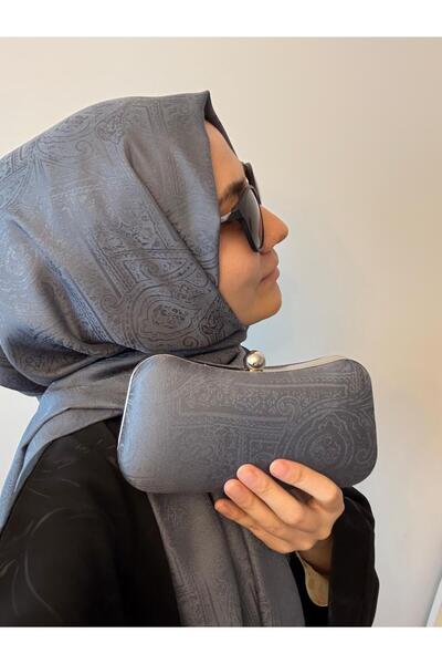 Ceylan Gri Etnik Desenli Abiye Şal & Çanta Takımı