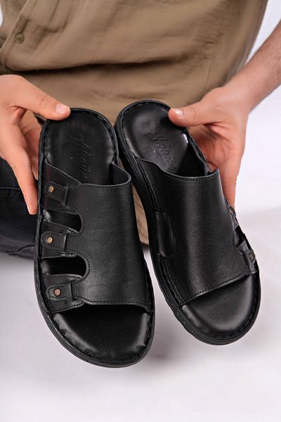 Akgün Terlik Men's Black Genuine Leather Pin Orthopedic Sole Comfortable Slippers
