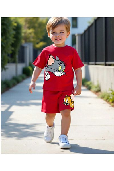 bebekpare Boy's T-Shirt Shorts Set Beige Cat and Mouse