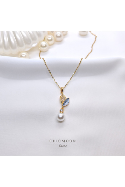 CHICMOON STORE Çelik Taşlı Incili Yaprak Kolye