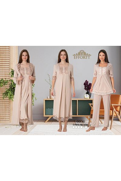 EM&FA TEKSTİL Lace Detailed Maternity Dressing Gown Nightgown 3-Piece Pajama Set