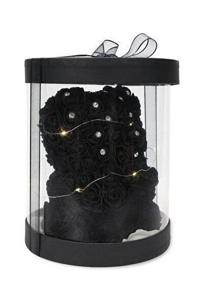 gülayıcık LED Işıklı Siyah Gül Ayıcık – Taş Detaylı Özel Kutulu El Yapımı Hediye