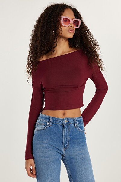 Tudors Women's Slim Fit Slim Fit Boat Neck Viscose Burgundy Blouse