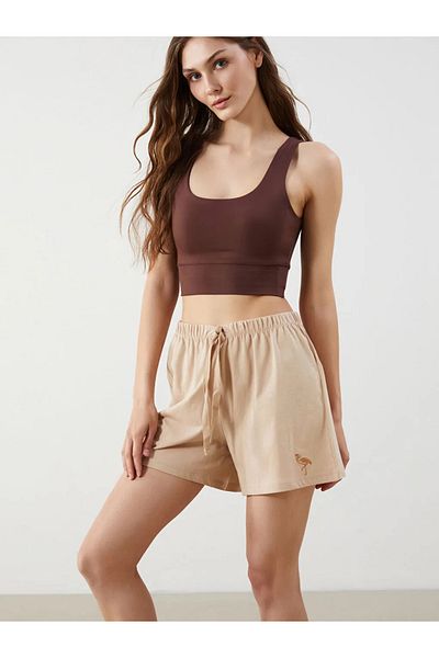 LC Waikiki LCW DREAM Bej cu talie elastică brodate femei pantaloni scurți pijama