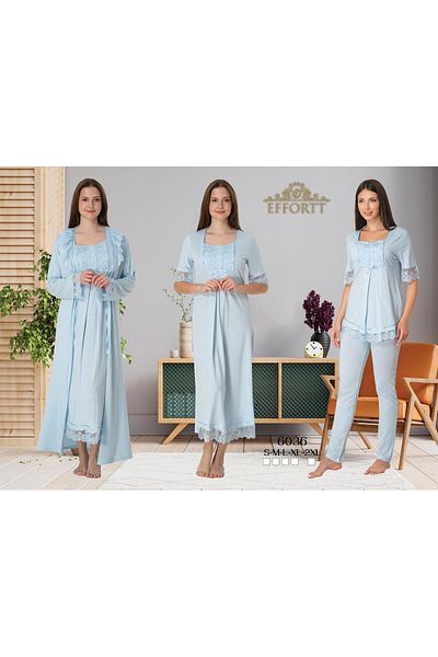 EM&FA TEKSTİL Lace Detailed Maternity Dressing Gown Nightgown 3-Piece Pajama Set