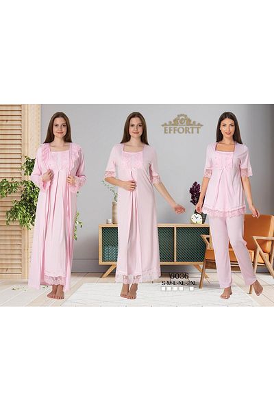 EM&FA TEKSTİL Lace Detailed Maternity Dressing Gown Nightgown 3-Piece Pajama Set